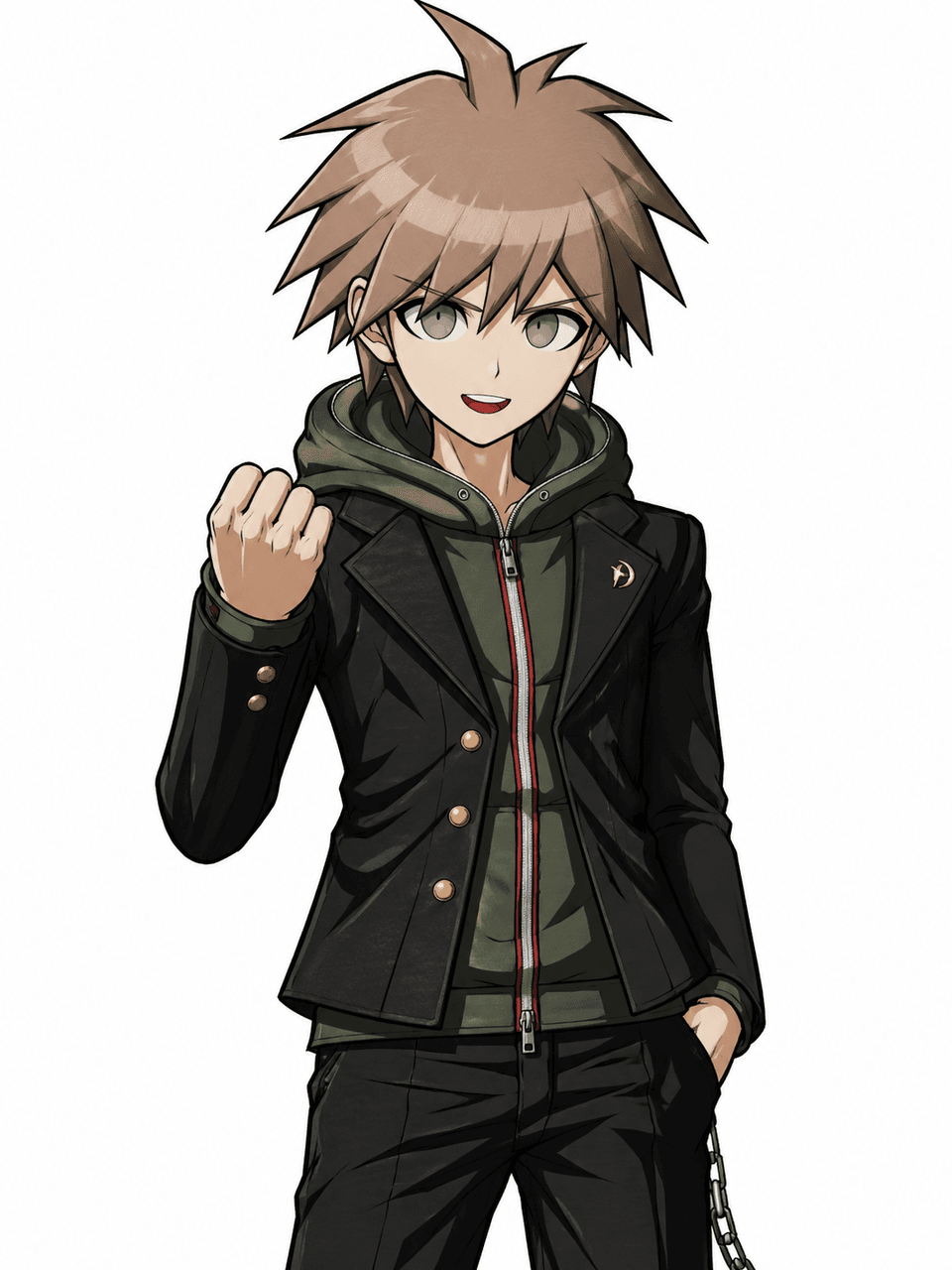 Danganronpa OC Maker workflow step showing layered outfits before character notes